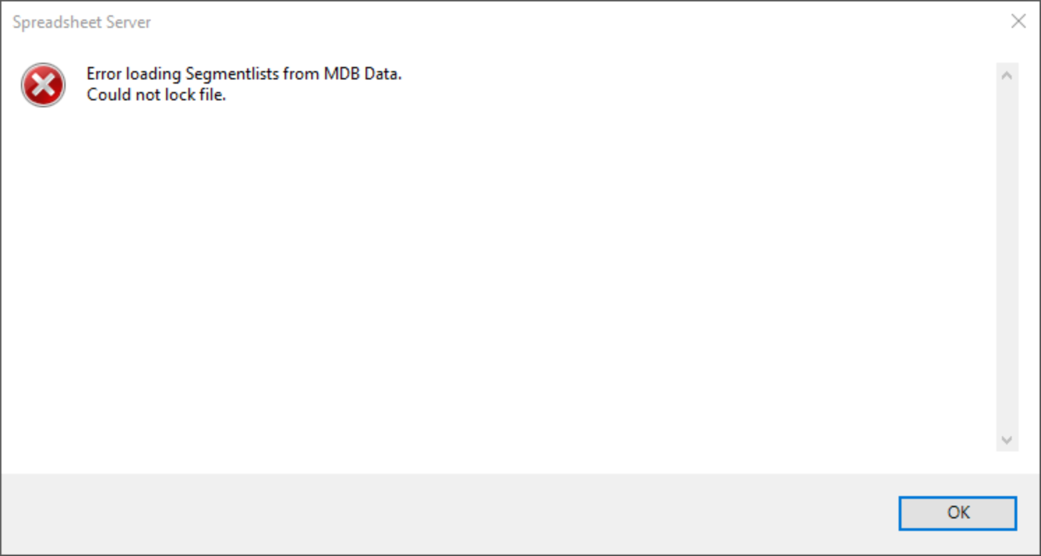 Spreadsheet Server SPS Error loading Segment lists from MDB Data