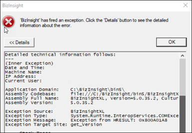 BizNet - BizInsight exception error occurs while using a different 